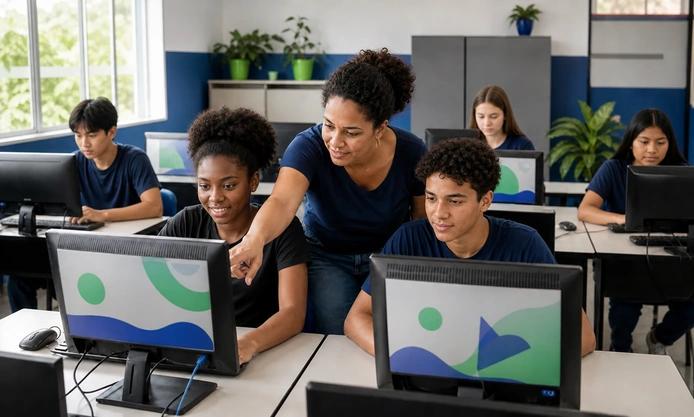 Conteúdo sobre inclusão digital: Imagem mostra um ambiente de classe onde alunos estão tendo aula, cada um com seu notebook