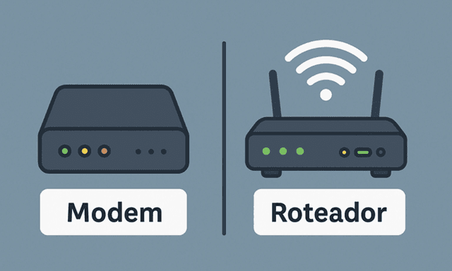 Conteúdo sobre diferença entre modem e roteador. Imagem com fundo cinza claro. Nela contem um modem, aparelho quadrado com luzes na frente. No lado esquerdo, dividindo a tela, tem um roteador no lado direito. Ele é um aparelho é retangular que possui uma 2 antenas, posicionadas nas extremidades traseira.