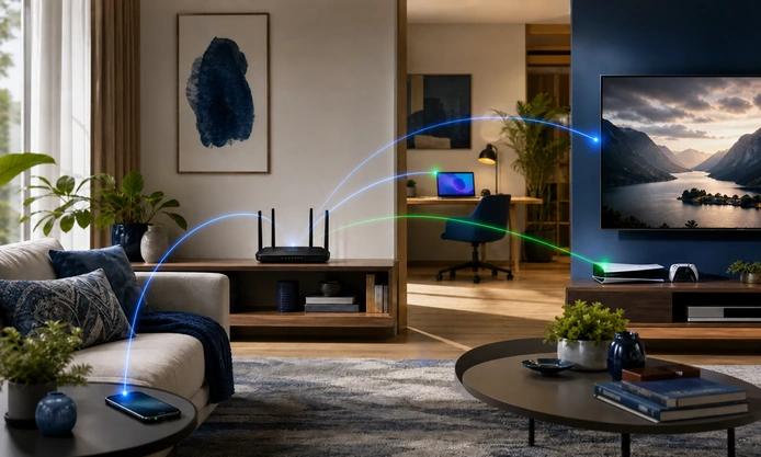wifi-6 Conteúdo sobre Wi-fi 6: Imagem mostra um ambiente de sala de estar, com um rack no plano de fundo contendo um roteador dissipando o sinal de wi-fi 6 para todos os ambientes da casa.